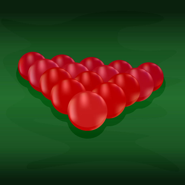 Glossy set of pool balls isolated on green background. Red snooker balls arranged in a triangle on green felt table. Billiard table front view balls for poolroom sport game. Stock vector illustration - Vektör, Görsel