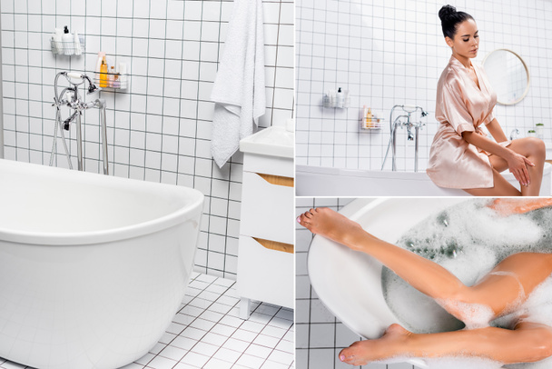 Collage of young woman touching leg and taking bath with foam at home  - Photo, Image