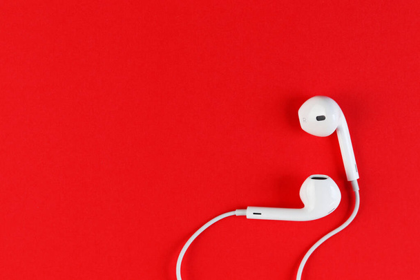 White earphones on red background isolated. Music is my life concept. - Photo, Image