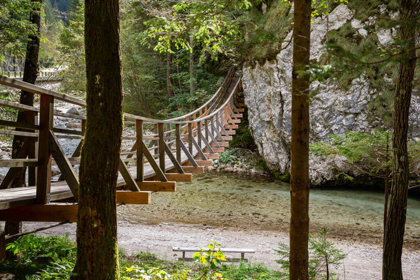 Τυπική ξύλινη κρεμαστή γέφυρα που εκτείνεται στον ποταμό Savinja στη Σλοβενία - Φωτογραφία, εικόνα
