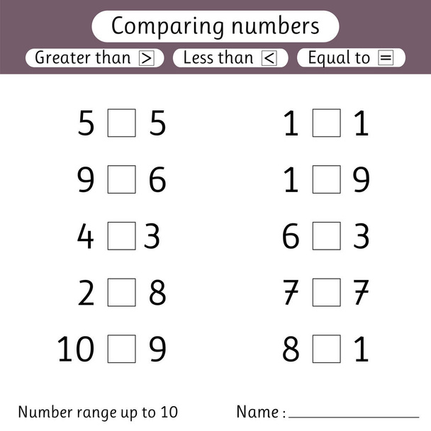 Comparing numbers. Less than, greater than, equal to. Number range up to 10. Worksheets for kids. Preschool, elementary school - Vector, Image