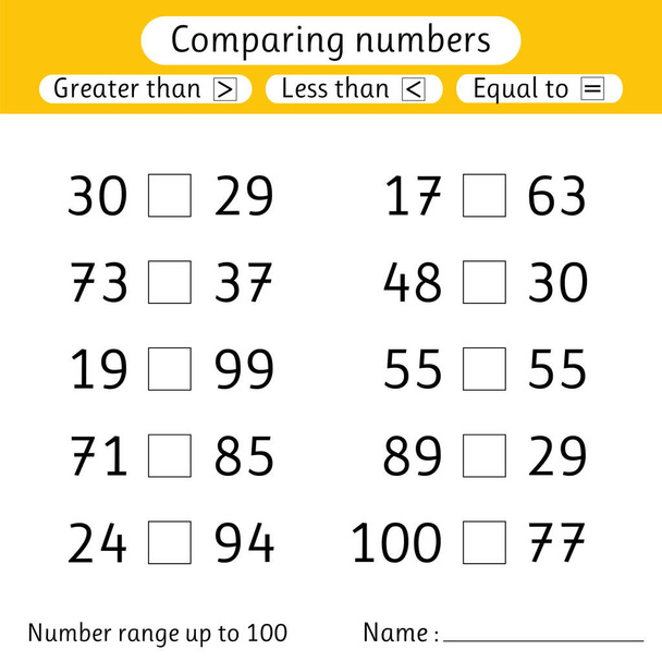 Comparing numbers. Less than, greater than, equal to. Number range up to 100. Elementary school. Worksheet for kids. Vector illustration - Vector, Image