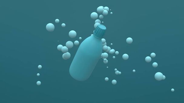 Plastová láhev létající ve vzduchu na modrém pozadí s plovoucími koulemi. Konstrukce balení. 3D ilustrace. - Fotografie, Obrázek