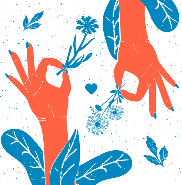 Wektorowa ilustracja dłoni z kwiatem. Piękny kobiecy kciuk i palec wskazujący z ok gestem trzymając kwitnącą sprężynę roślin sprig. Vintage ręcznie rysowane styl. - Wektor, obraz