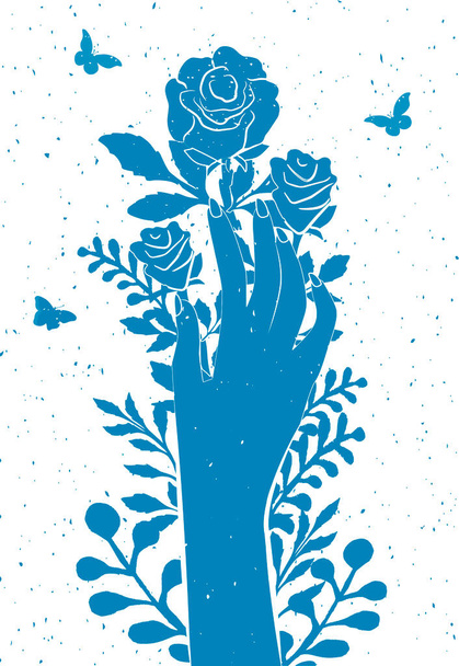 Vector illustration of hand and rose bush. Female finger touching sharp rose flower thorns on stem. Vintage hand drawn style. - Διάνυσμα, εικόνα