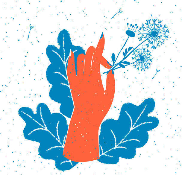 Vector illustration of hand holding dandelion. Summer wildflower in female finger. Vintage hand drawn style. - ベクター画像