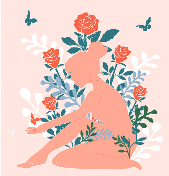 Vector illustration of young woman and rose. Beautiful girl silhouette over blooming flower. Female figure sitting among blossom bud, leaf on stem. Girl on floral background. Vintage hand drawn style - Vector, imagen