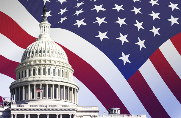el Capitolio de Estados Unidos en Washington con la bandera estadounidense ondeando en el fondo. Patriotismo y democracia. Elecciones presidenciales americanas. - Foto, imagen