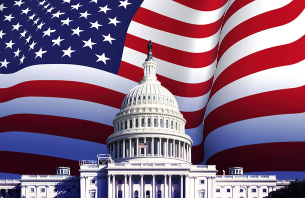 le Capitole américain à Washington avec le drapeau américain agitant en arrière-plan. Patriotisme et démocratie. Élection présidentielle américaine. - Photo, image