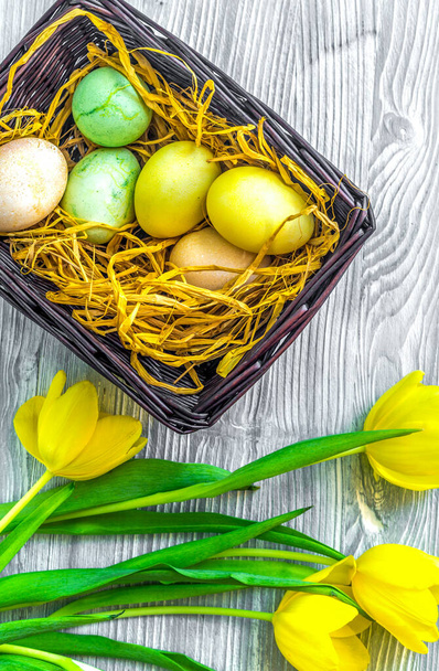Easter concept eggs in nest top view close up - Fotó, kép