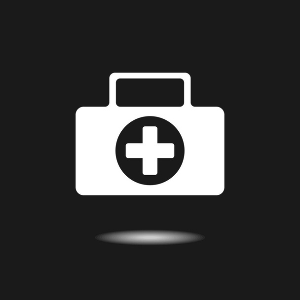 Κουτί πρώτων βοηθειών λευκό εικονίδιο σε επίπεδη στυλ. Υγεία, βοήθεια και ιατρική διάγνωση διανυσματική απεικόνιση σε μαύρο φόντο. Μαύρη τσάντα γιατρού έννοια. - Διάνυσμα, εικόνα
