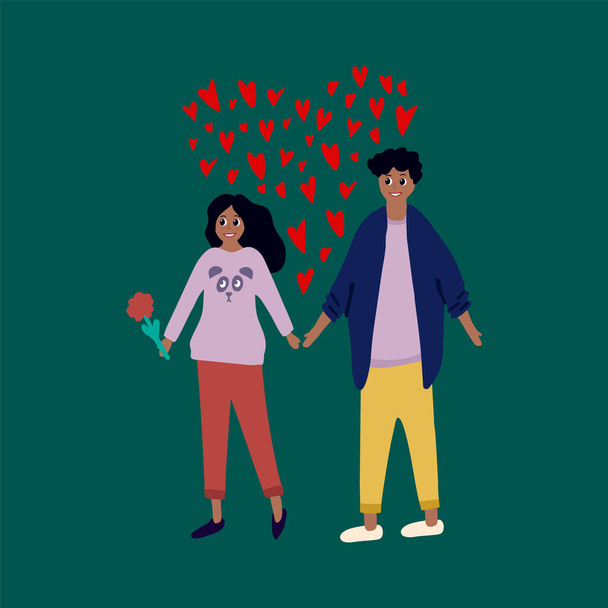 Vector illustration with people on Valentines Day. Girl and guy on February 14 hand-drawn in flat style on a dark background. Clipart Dating Couples on Valentines day. A man and a woman walk - Вектор, зображення