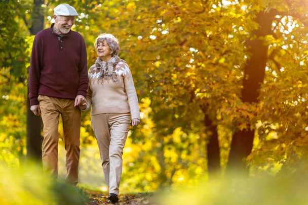 Glückliches Seniorenpaar verbringt im Herbst gemeinsame Zeit im schönen Stadtpark - Foto, Bild