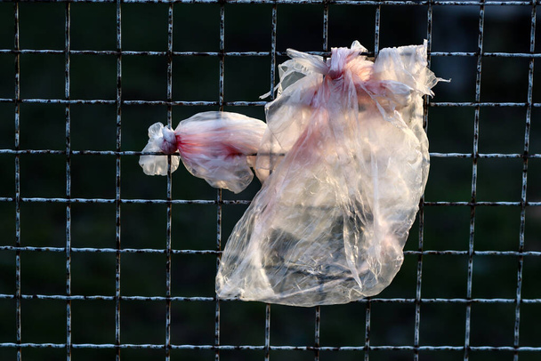 Leere zerrissene Plastiktüten, die an einem Metalldrahtzaun hängen, erhellen sich durch die späte Nachmittagssonne, Umweltverschmutzung und Recyclingkonzept  - Foto, Bild