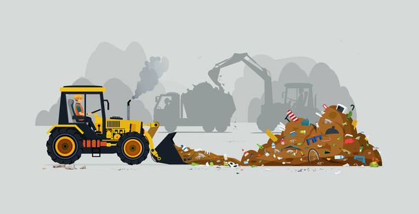A tractor driver is plowing a pile of garbage. - Vector, Image