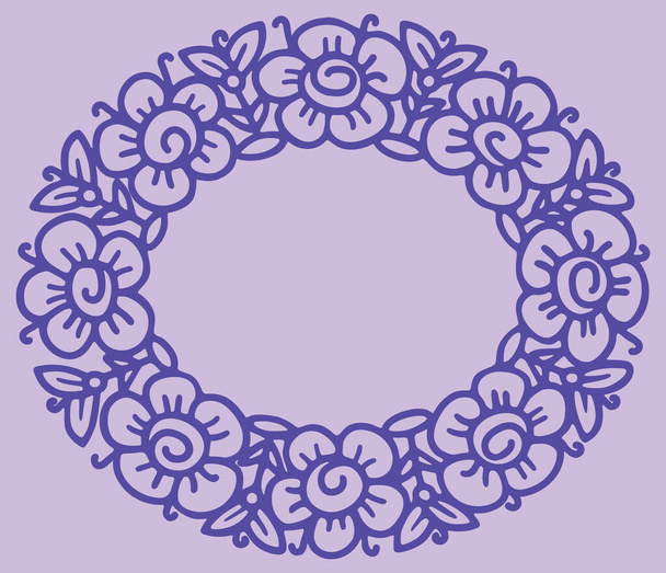Flower frame in linear sketch style for florist shops, organic cosmetics, wedding. Emblem design template with copy space for text, flowers background in violet colours. Vector - Διάνυσμα, εικόνα