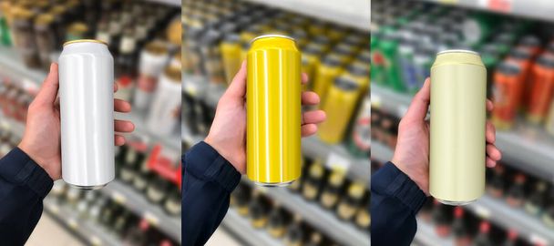 Beer can in hand. Mockup in front of shelf at supermarket Suitable for presenting new beer labels. - Photo, Image