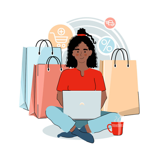 Mosolygó fiatal afro-amerikai nő kezében egy laptop bevásárló táskák a háttérben. Online vásárlási koncepció. Vektorlapos illusztráció. - Vektor, kép