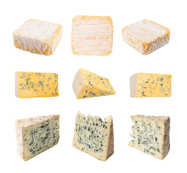 Gran juego de queso con moho. Quesos blandos y duros aislados sobre fondo blanco - Foto, imagen