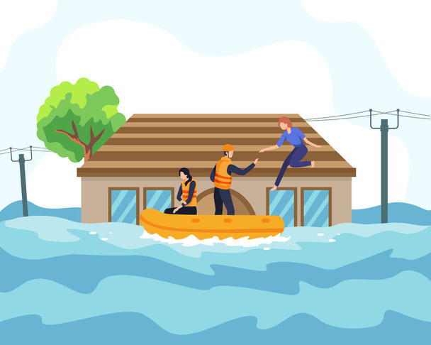 Concepto de ilustración de desastres de inundación. Rescatador ayudó a las personas en barco desde la casa de hundimiento y a través de la carretera inundada. Personas salvadas del área inundada o ciudad, concepto de desastre natural. Vector en un estilo plano - Vector, Imagen