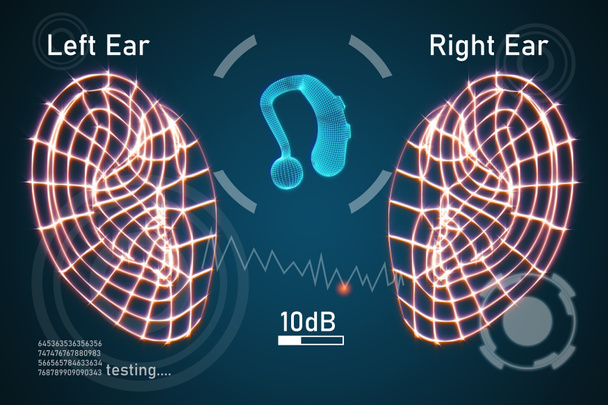 Graphic showing a hearing aid and the human ears during hearing tests. Mixed media technique. - Photo, Image