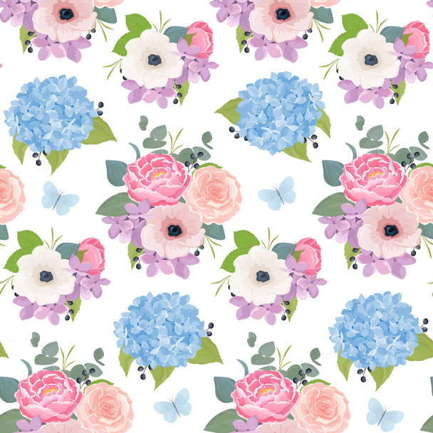 Seamless floral vector design pattern with romantic summer flowers in watercolor style - Вектор, зображення