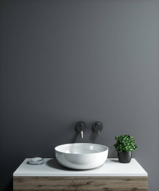 Интерьер ванной комнаты с местом для зеркала или тумбочки. 3D рендеринг. Пустое пространство над раковиной. - Фото, изображение