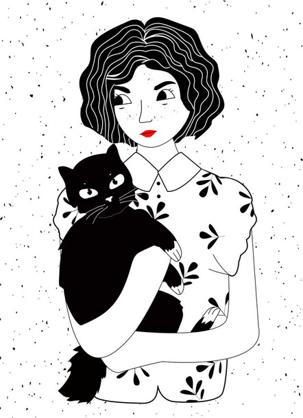 Vector illustration of girl and cat. Black-and-white portrait of young woman or teenager with black fluffy kitten on shoulders. Love and friendship. Vintage hand drawn style. - Vektori, kuva