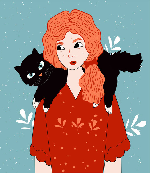 Vector illustration of happy pet owner. Red-haired girl holding black cat in hand. Vintage hand drawn style. - Vektor, kép