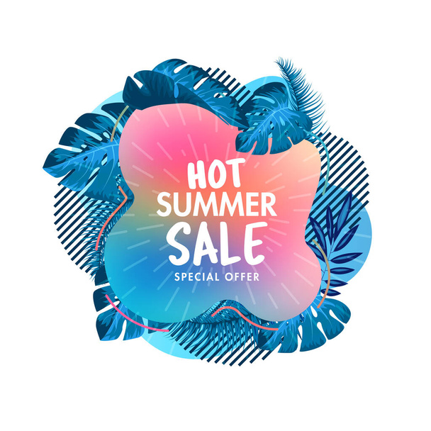 Summer Sale banner, poster with Tropical Exotic Leaves and Flowers - Вектор, зображення
