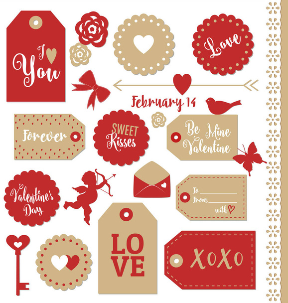 Conjunto de etiquetas de presente do Dia dos Namorados design vetorial tipográfico com ilustrações e desejos - Vetor, Imagem