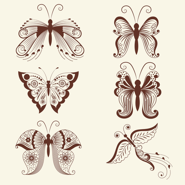 Vector abstract butterflies in indian mehndi style. Abstract henna vector illustration. Design element. - Vektori, kuva
