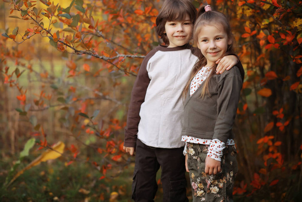晴れた日には秋の公園を散歩する若い家族。一緒にいる幸せ. - 写真・画像