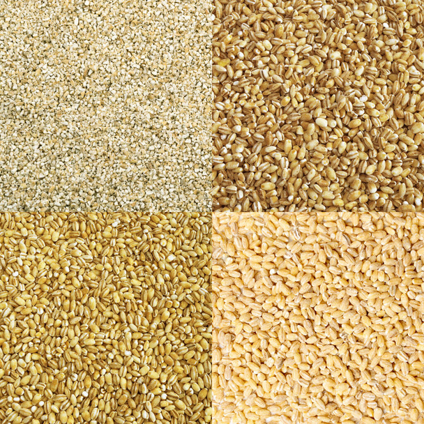 Dry Pearl Barley Grains Food Collage. Varie Pearl Barley Texture Cereali Collezione, Mix, Assortimento - Foto, immagini