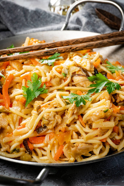 Fried noodles with chicken and vegetables. Chicken chow mein. - Foto, Imagem