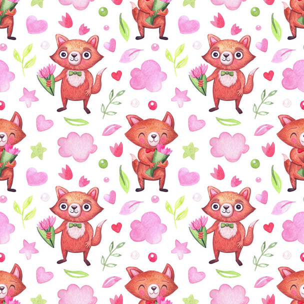 Watercolor pattern with cute foxes for the holidays, valentine's day, birthday and others. Background for invitations, packaging and other party attributes - Photo, Image