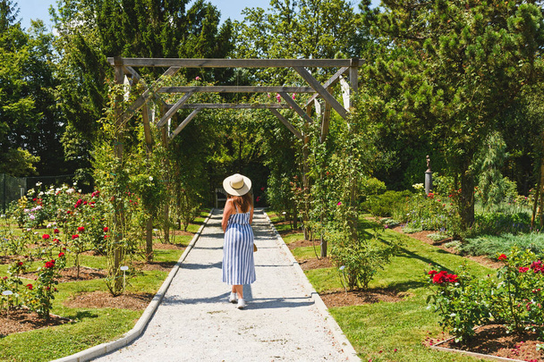 A back view of Caucasian woman in a hat walking on footpath in a park - Fotoğraf, Görsel