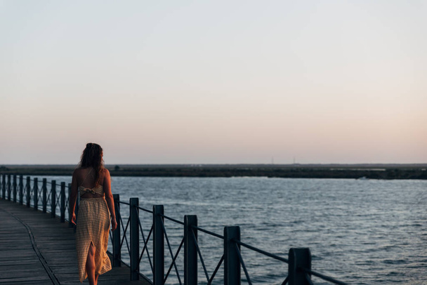 Widok z tyłu samicy w sukience nad brzegiem o zachodzie słońca - Zdjęcie, obraz