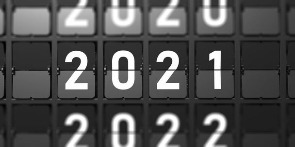 2021 Nieuwjaarswijziging. Witte cijfers van gespleten flap Airport letters op Solari bord display, zwarte achtergrond, wijzend naar nummer 2021, vervaging 2020, 2022. 3d illustratie - Foto, afbeelding