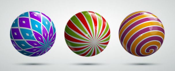 Abstract vector realistic glossy spheres set, beautiful festive balls collection decorated with pattern, graphic design elements. - Vecteur, image