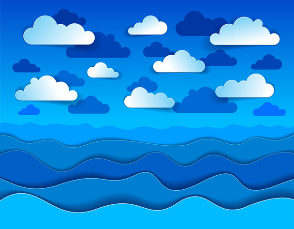 Beautiful seascape in paper cut style, curvy lines of waves and clouds in the sky, perfect modern vector illustration. - Vector, Image