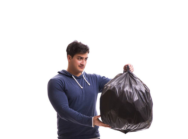 El hombre con saco de basura aislado en blanco
 - Foto, Imagen