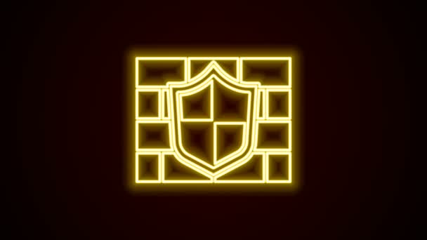 Glowing neon line Shield with cyber security brick wall icon isolated on black background. Data protection symbol. Firewall. Network protection. 4K Video motion graphic animation - Footage, Video