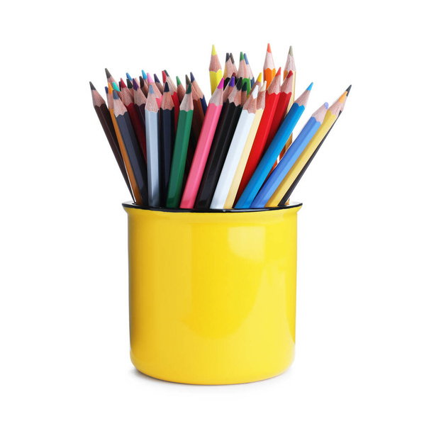 Colorful pencils in yellow mug on white background - Foto, Imagen