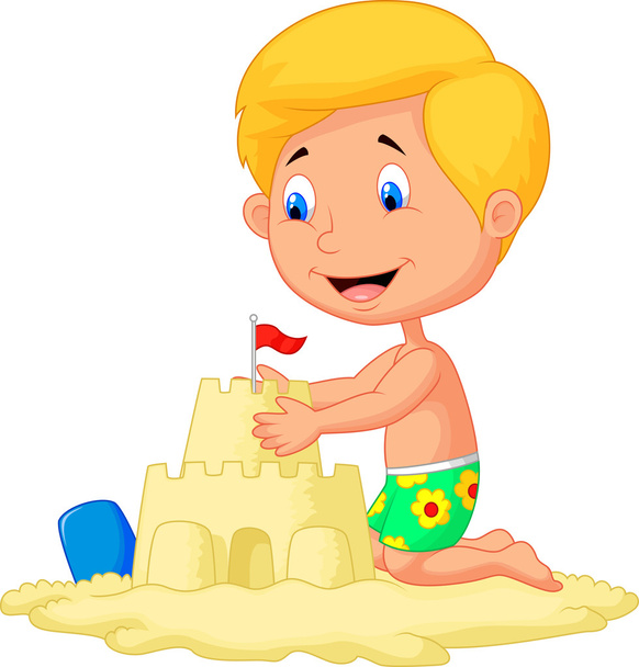Мультяшний хлопчик робить замок з піску
 - Вектор, зображення