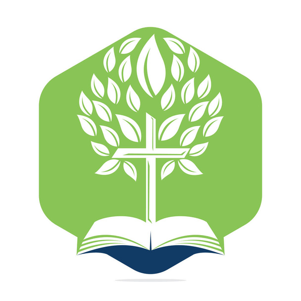 Bible Cross Tree Logo Design. Christian Church Tree Cross Vector Template Design. - Vector, Image
