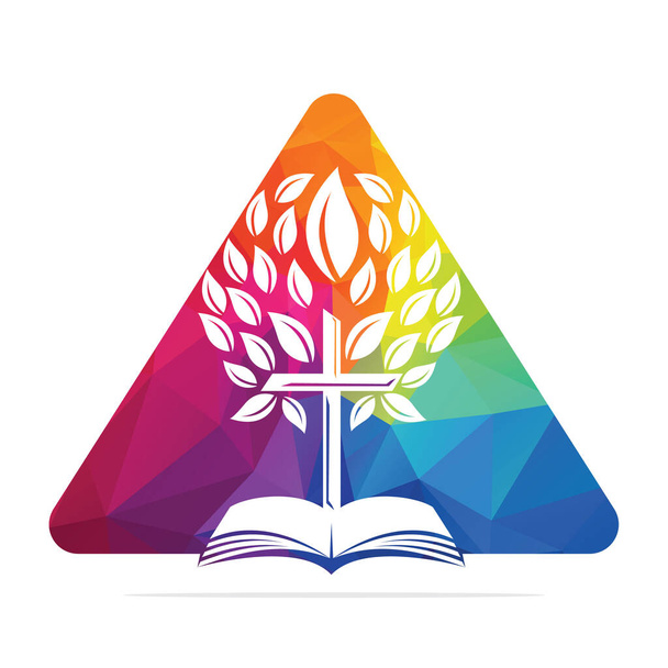 Triângulo Bíblia Cruz Árvore Logo Design. Igreja Cristã Árvore Cruz Vector Modelo Design. - Vetor, Imagem