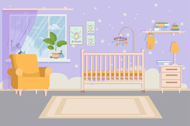 Elegante, moderno, confortável quarto de criança bebê, interior do quarto. Berço, cadeira, mesa e prateleira. Parede com decorações.  - Vetor, Imagem