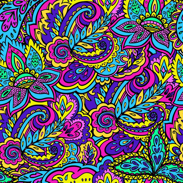 Psychedelic bright seamless texture with colorful plant and floral elements. - Διάνυσμα, εικόνα
