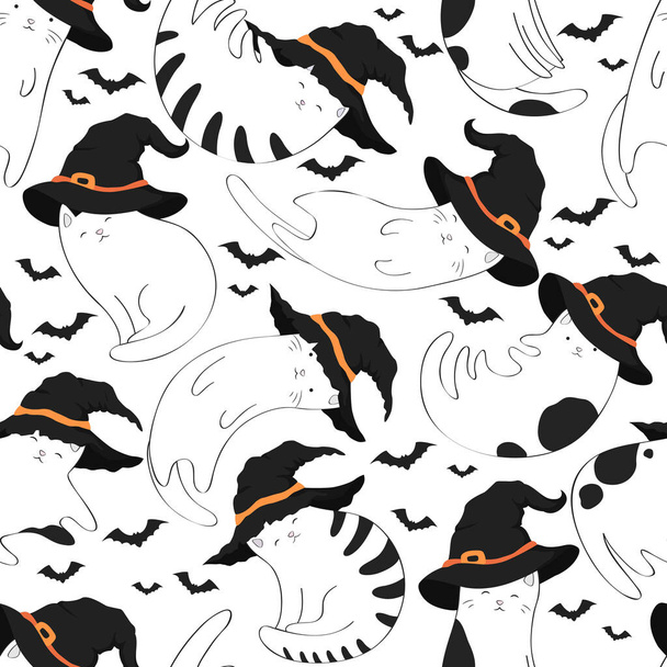 Naadloze vector halloween patroon met schattige katten in heksenhoeden en vleermuizen geïsoleerd op witte achtergrond. Illustratie voor textiel, print, kaart, uitnodiging, behang, stof, home decor - Vector, afbeelding